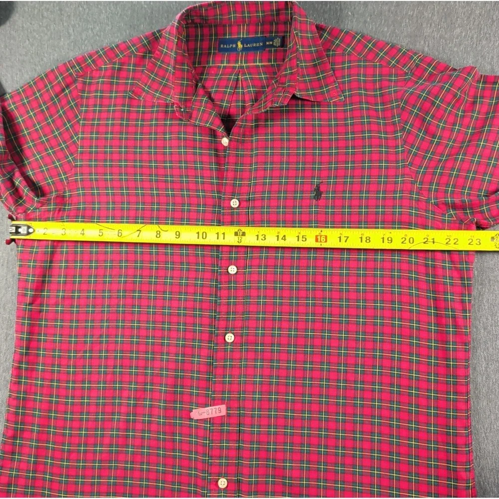 VTG 90s RALPH LAUREN Mens Size M Green Red Tartan Check Plaid Pony Button Down